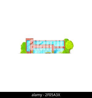 Veterinary clinic exterior design isolated pet shop with paw print billboard. Vector animal clinic building facade, vet center with taxi car and green Stock Vector