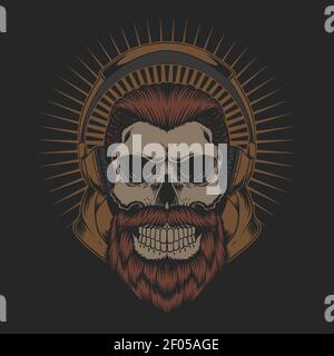 SKULL BEARD HEADPHONE VECTOR ILLUSTRATION FOR YOUR COMPANY OR BRAND Stock Vector