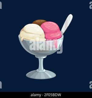 Summer dessert ice-cream vanilla, chocolate and strawberry balls in glass bowl isolated realistic icon. Vector three gelato balls and spoon. Summer de Stock Vector