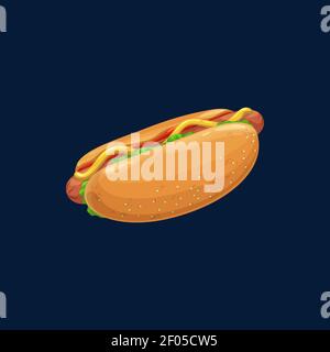 Bun with sausage isolated hotdog fastfood snack with lettuce leaf, ketchup and mustard dressing. Vector hot dog takeout meal. Takeaway food, bread wit Stock Vector