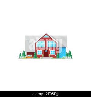 House in flat style with retro car, entrance door and windows. Vector town cottage, family mansion with green fur trees. Residential building on sale Stock Vector