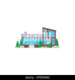 Suburban house with chimney, panoramic windows and glass door isolated realistic icon. Vector modern villa, townhouse residence, home on sale or rent. Stock Vector