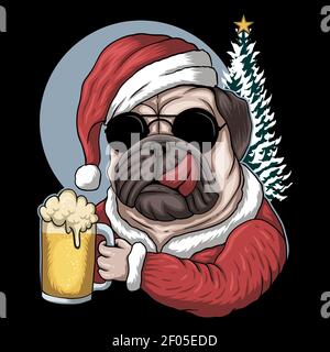 Pug dog beer wearing a santa costume for christmas vector illustration for your company or brand Stock Vector
