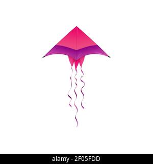 Triangle kite isolated Uttarayan festival symbol. Vector weightless summer recreation object with string isolated kids toy. Flying triangular kite in Stock Vector