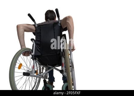 Handicapped disabled man sitting on wheelchair. Isolated on white background. Stock Photo