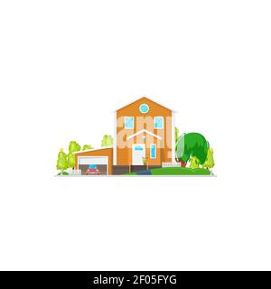 Rural building with garage and lawn isolated realistic house. Vector retro building on sale, countryside style construction, rural home trees on lawn, Stock Vector