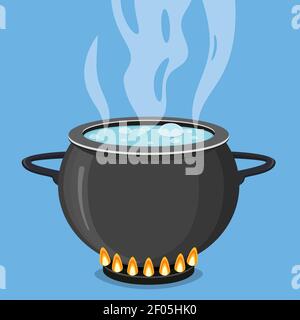 Boiling water in black pan. Cooking concept Stock Vector