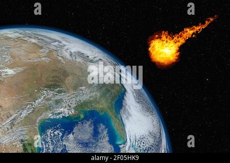 Dangerous asteroid approaching planet Earth, total disaster and life extinction, elements of this image furnished by NASA Stock Photo