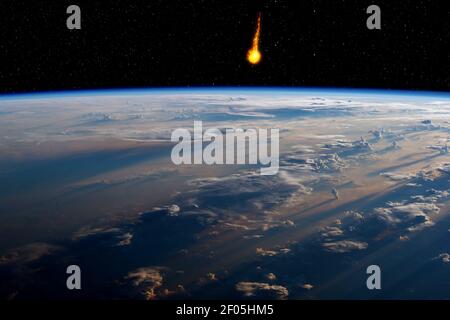 Dangerous asteroid approaching planet Earth, total disaster and life extinction, elements of this image furnished by NASA Stock Photo