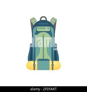 Hiking traveler backpack with sleeping mat isolated icon. Vector haversack or knapsack, outdoor adventures pack, handbag with zippers and pockets. Tra Stock Vector