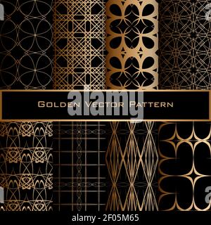 Set of Golden Geometric Seamless Patterns. Blue background. Stock Vector