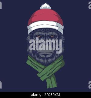 Gorilla wearing a santa hat for christmas vector illustration for your company or brand Stock Vector