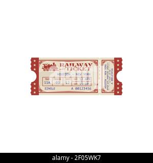 Single ticket to travel from Houston to New York isolated icon. Vector railroad vintage pass with retro train sign, rail road transport access paper w Stock Vector
