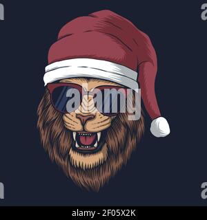 Lion wearing a santa hat for christmas vector illustration for your company or brand Stock Vector