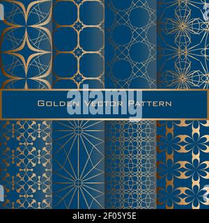 Set of Golden Geometric Seamless Patterns. Blue background. Stock Vector