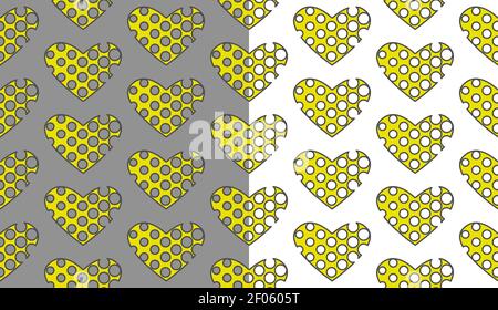 Geometrical heart seamless pattern with dots cut off. Yellow creative shapes with grey stroke line. Vector Stock Vector