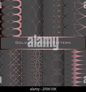 Set of Golden Geometric Seamless Patterns. Gray background. Stock Vector