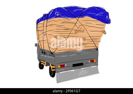 Vector Hand Draw Sketch, Over Load or Used Cardboard Pickup Car Stock Vector