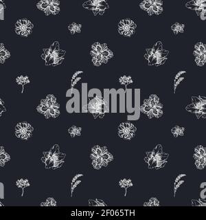Seamless pattern with hand drawn chalk anemone, lavender, rosemary everlasting, phalaenopsis, lily, iris Stock Vector