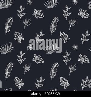 Seamless pattern with hand drawn chalk monstera, banana palm leaves, strelitzia, heliconia, tropical palm leaves, orchid Stock Vector