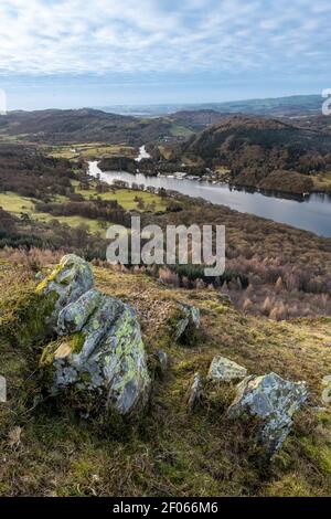 View from Gummers How across the southern of Windermere towards Lakeside Stock Photo