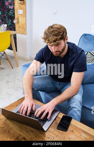 Young concentrated male in casual clothes sitting on sofa and browsing laptop in modern stylish room Stock Photo
