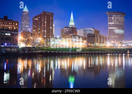 Cleveland Ohio Downtown City Skyline Cuyahoga River Stock Photo