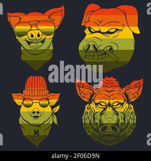 pig collection retro vector illustration for your company or brand Stock Vector