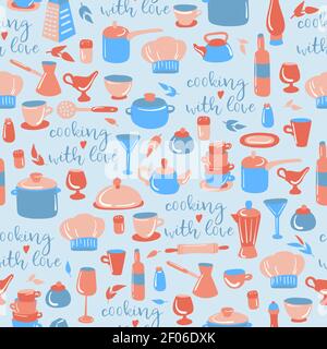 Pink and blue seamless vector pattern. Cooking with love. Kitchen utensils set. Recipe book. Can be used for wallpaper, pattern fills, textile Stock Vector