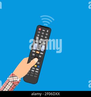 Human hand with black modern remote TV Control Stock Vector