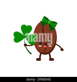St Patrick day coffee bean girl with hair bow icon isolated on white background. shamrock. Stock Vector