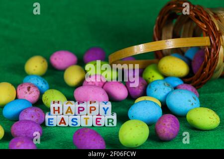 Happy Easter Colorful Spilled Woven Egg Basket Stock Photo