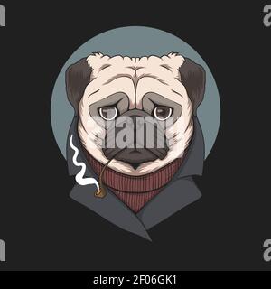 Pug dog smoke pipe illustration for your company or brand Stock Vector