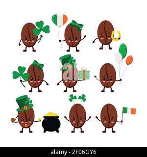 St Patrick day coffee beans icon set isolated. Stock Vector