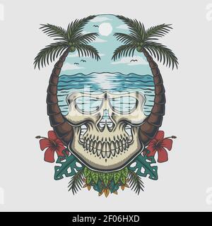 Skull beach tropical vector illustration for your company or brand Stock Vector