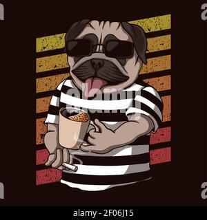 Pug dog drinking coffee retro vector illustration for your company or brand Stock Vector