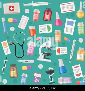 Medical objects pattern with prescriptions eguipment and instruments pills and capsules on blue background vector illustration Stock Vector