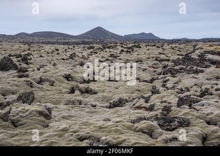 Volcanic landscape near Fagradalsfjall volcano, Reykjanes Peninsula, South Iceland. Near Svartsengi geothermal power station and Grindavik. Stock Photo