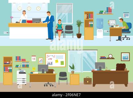 Modern office compositions with people at workplaces and nobody in green room isolated vector illustration Stock Vector