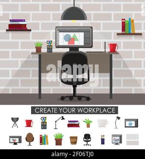 Workplace interior concept with design of room and set of devices and accessories isolated vector illustration Stock Vector