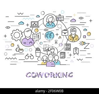 Colored coworking art in linear style with colleagues group associated with each other vector illustration Stock Vector