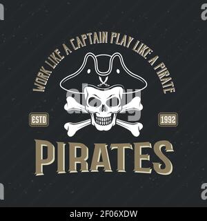 Logo of pirates print with jolly roger in cocked hat on black textural background vector illustration Stock Vector
