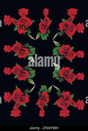 Frames - a bouquet of three red roses. Flowers on the black background of the A4, vertical image. Isolate. Plants Stock Vector