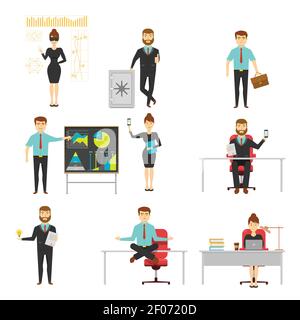 Businessperson set of characters with documents and smartphone at workplace or presentation isolated vector illustration Stock Vector