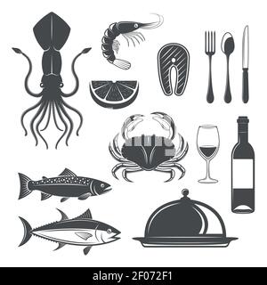 Seafood monochrome objects set with underwater animals wine bottle and goblet cutlery restaurant cloche isolated vector illustration Stock Vector