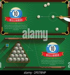 Two horizontal play billiards realistic compositions with red ribbons and 3d pool game vector illustration Stock Vector