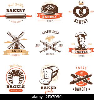 Bakery shop emblem set with best bakery shop baked goods descriptions par example vector illustration Stock Vector