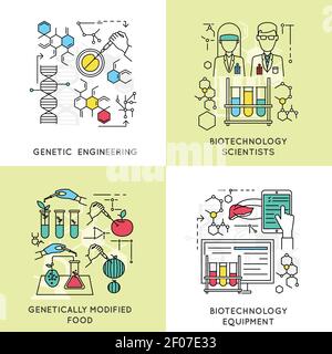 Biotechnology linear compositions including scientists and genetic engineering modified food and professional equipment isolated vector illustration Stock Vector