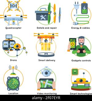 New technologies concept icon set with energy cables smart delivery location gadgets controls descriptions vector illustration Stock Vector