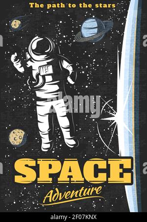 Space adventure poster with astronaut outside orbital station and cosmic objects on starry sky background vector illustration Stock Vector